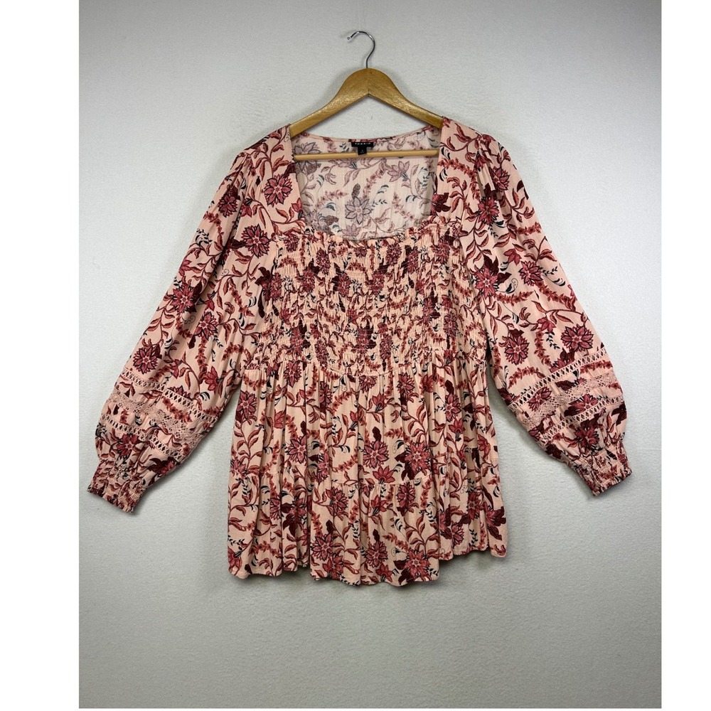 Boho Cottagecore Torrid Women 2 Pink Floral Smocked Square Neck Peasant Blouse
